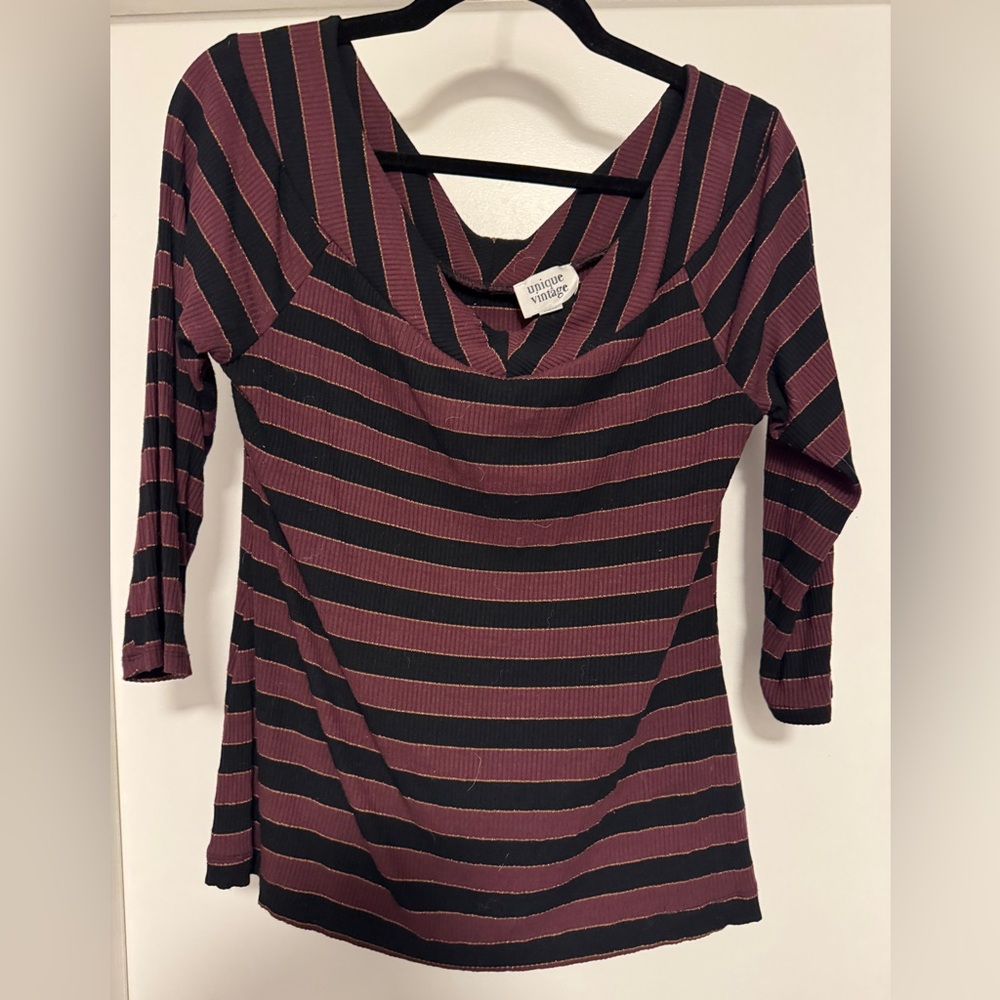 Unique Vintage Maroon Stripe 3/4 sleeve